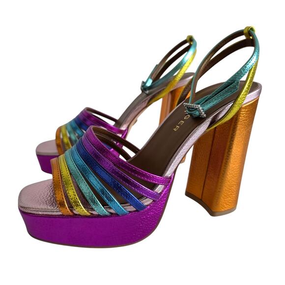 Kurt Geiger Size 8 Pierra Multicolor Rainbow Block Heel Ankle Strap Sandal Heels - Picture 8 of 9